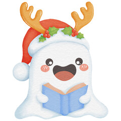 Adorable Christmas ghost reading a book, an enchanting seasonal artwork perfect for cozy winter storytelling
