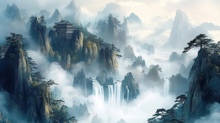 Chinese style ink painting artistic conception of mountains and flowing water illustration
