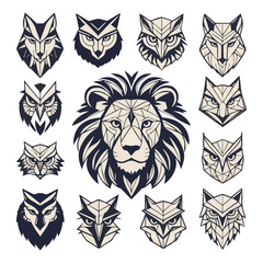 Fototapeta premium Stylized Animal Faces Set with Wolves, Lions, and Foxes in Vector Format