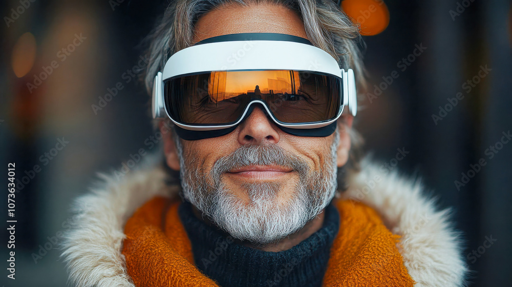 Poster man smiling while wearing a virtual reality headset, showcasing the enjoyment of immersive tech expe