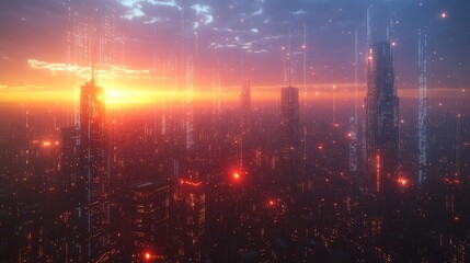 Obraz premium Futuristic city skyline at sunset with glowing lights and digital data streams.
