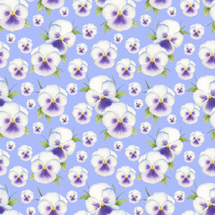 Colorful viola pansy flower meadow seamless pattern. Cute Garden wild Plant background for fashion, wallpapers, print. Many different flowers on the field. Liberty style millefleurs