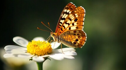 Obraz premium A beautiful butterfly with orange and brown wings sits on a white daisy with a yellow center.