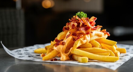 Crispy Bacon and Cheese Fries on a Paper Liner