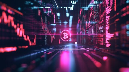 Obraz premium Futuristic digital landscape with a glowing Bitcoin symbol in the center, surrounded by data and code.