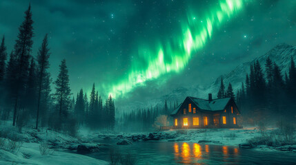 Fototapeta premium A tranquil cabin under a vibrant green aurora borealis in a snowy forest. Winter serenity and natural wonder in the wilderness