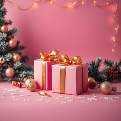 Pink gift boxes with golden ribbons and christmas decorations on pink ground with space for text christmas background frame christmas isolated