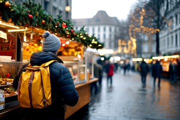 Fototapeta premium A person wearing a winter jacket and backpack admires festive market stalls adorned with holiday decorations in a bustling street scene.