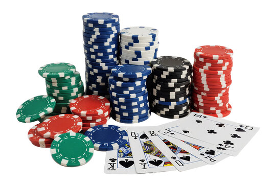 Playing cards and chips arranged for poker isolated on transparent background Game setup