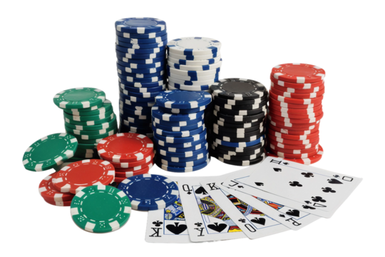 Playing cards and chips arranged for poker isolated on transparent background Game setup