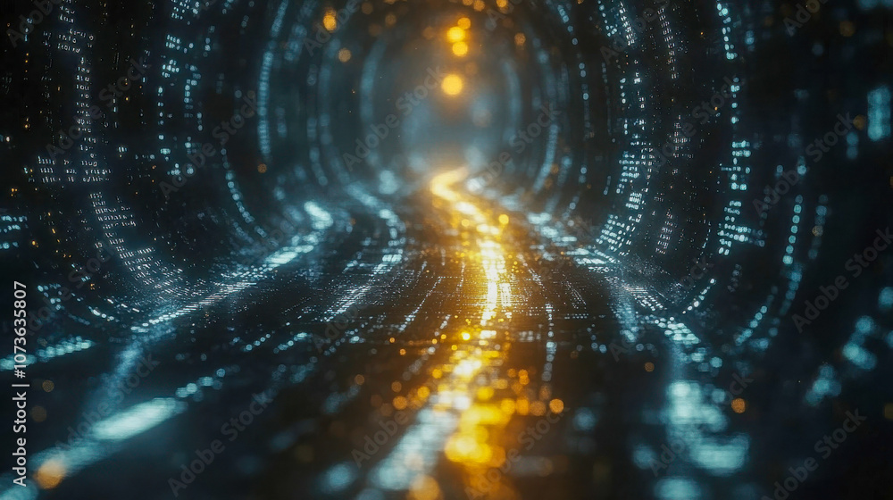 Poster abstract tunnel with golden and blue lights representing data streams, creating a sci-fi, high-tech 