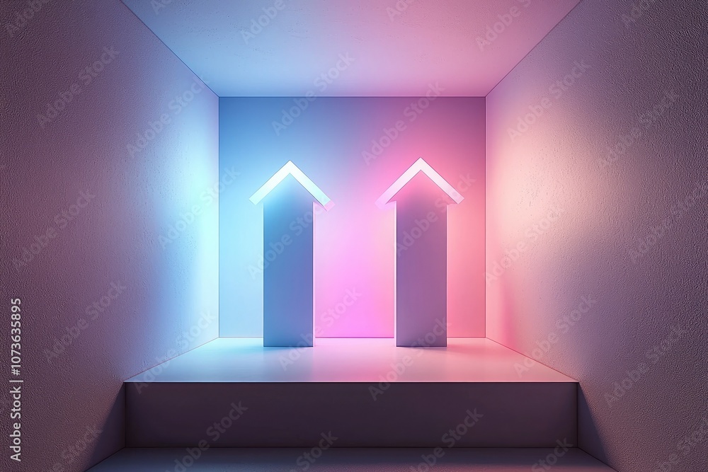 Poster futuristic light arrows in a minimalistic space, showcasing upward progress.
