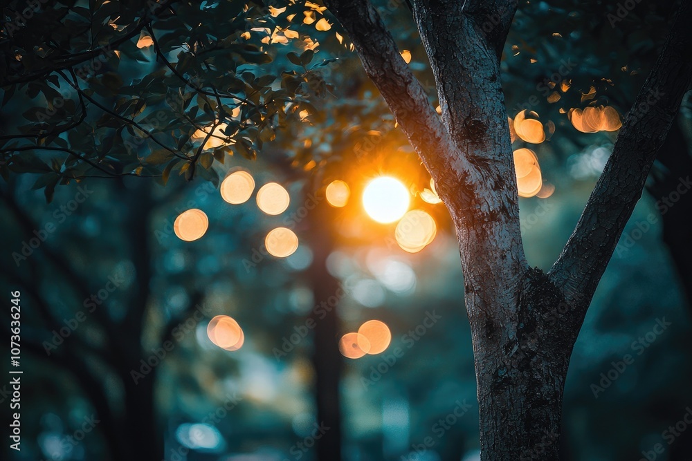 Poster sunlight filtering through trees, creating a warm glow in a serene natural setting.