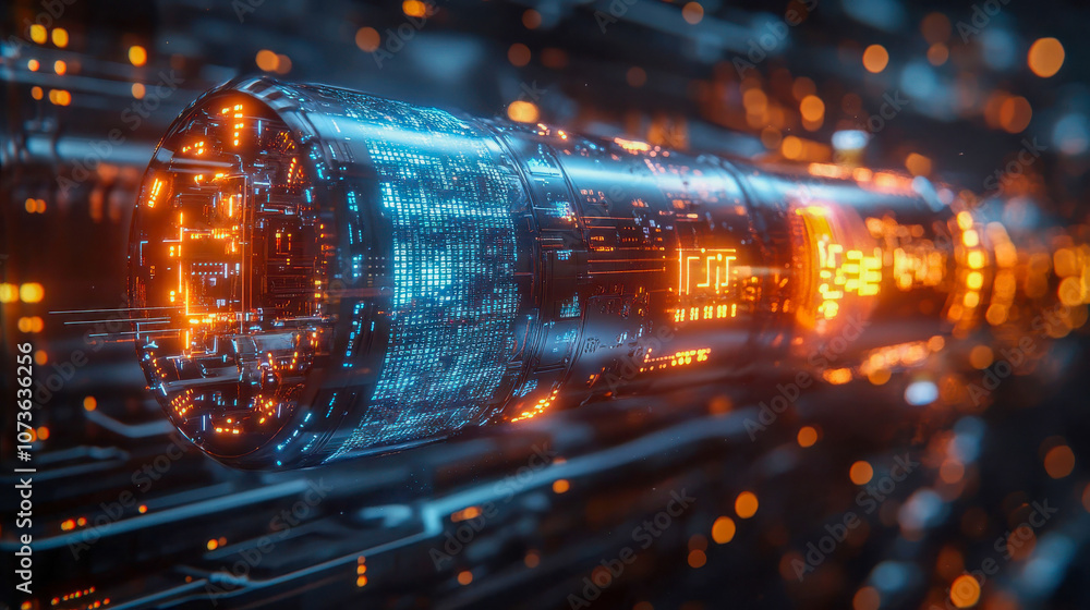 Poster close-up view of a futuristic digital energy conduit, illuminated with vibrant orange and blue circu