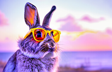 Fashionable rabbit wearing yellow sunglasses. Surreal background.