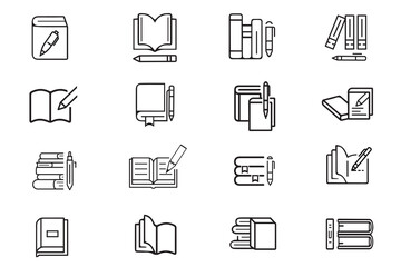 Book with pencil line icon set. Vector illustration of study, journal, literature, writing, book, pen, pencil, booklet. Business education task edit signs design