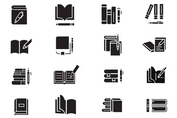 Book with pencil icon set. Vector illustration of study, journal, literature, writing, book, pen, pencil, booklet. Business education task edit signs design