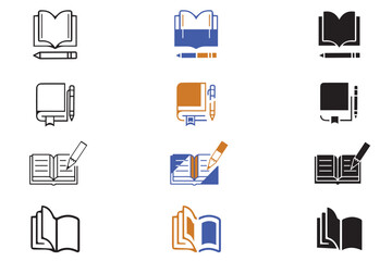 Book with pencil icon set. Vector illustration of study, journal, literature, writing, book, pen, pencil, booklet. Business education task edit signs design