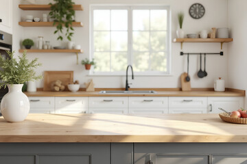Fototapeta premium Blank wooden counter table in soft sunlight