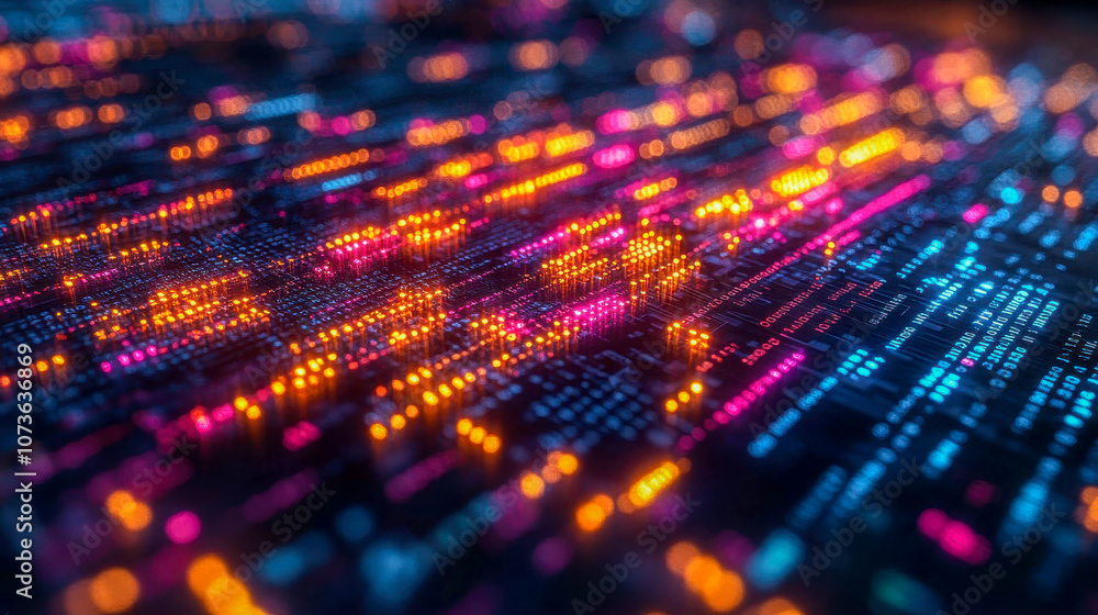 Poster vibrant data network with glowing dots and lines, showcasing a complex digital landscape