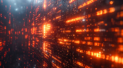 Fototapeta premium Abstract view of a wall displaying glowing orange binary code. A futuristic digital scene illustrating data, cybersecurity, and technological concepts