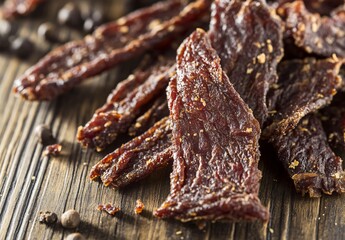 Close-up of Sliced Beef Jerky on Wooden Table