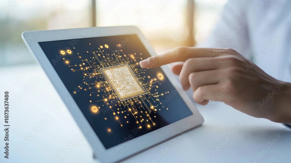 Poster hand interacting with a digital tablet screen displaying a computer chip and circuit board.