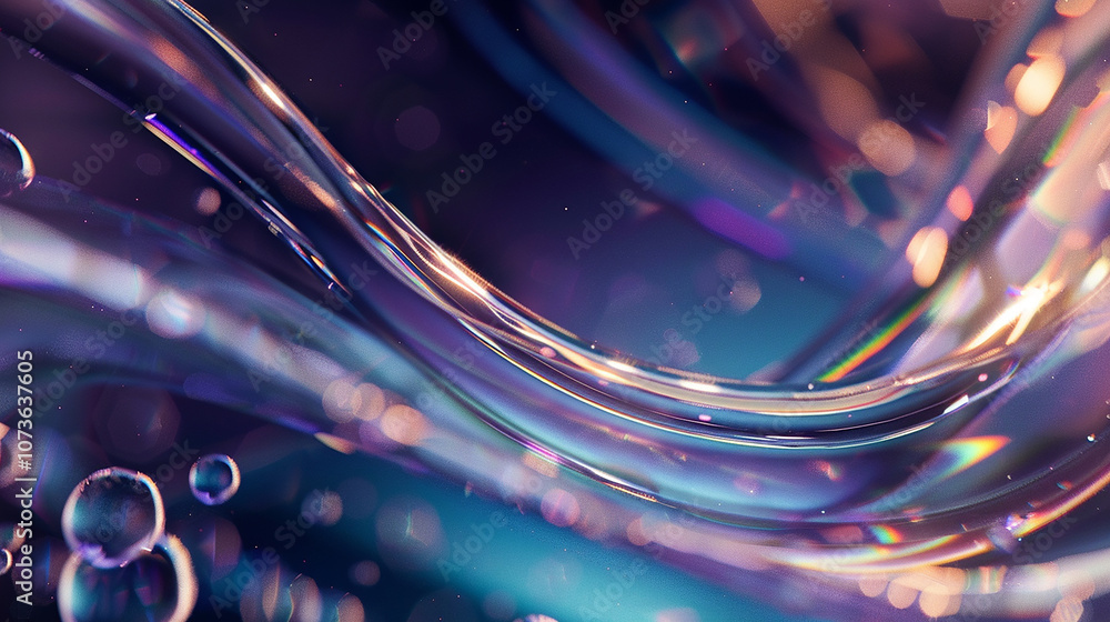 Poster abstract background with iridescent, flowing lines and bokeh effect.