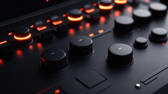 Close-up of DJ mixer with illuminated red buttons and knobs