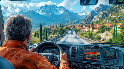 Side view of a driver in a red beanie, steering a truck through snowy roads with oncoming traffic