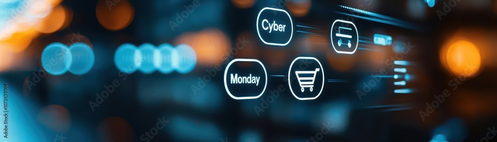 Poster a modern digital interface showcasing shopping icons and features, emphasizing e-commerce interactio