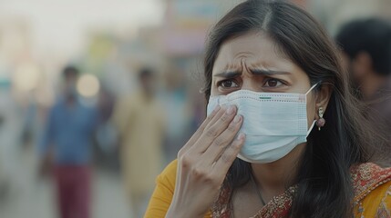 A woman wearing a face mask in a crowded outdoor setting.
 - Powered by Adobe