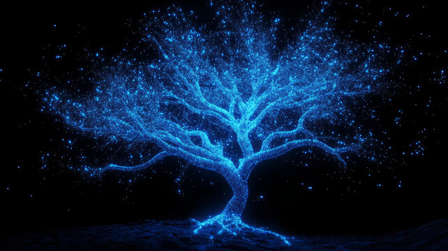 Abstract digital glowing particle technology tree background