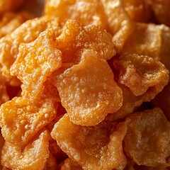 Close-up image of crispy golden snack pieces on a wooden surface.
