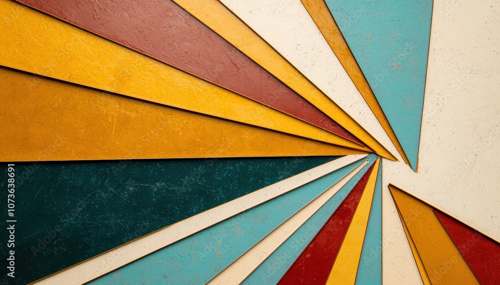 Poster a vibrant arrangement of colored paper triangles radiating from a central point, showcasing various 