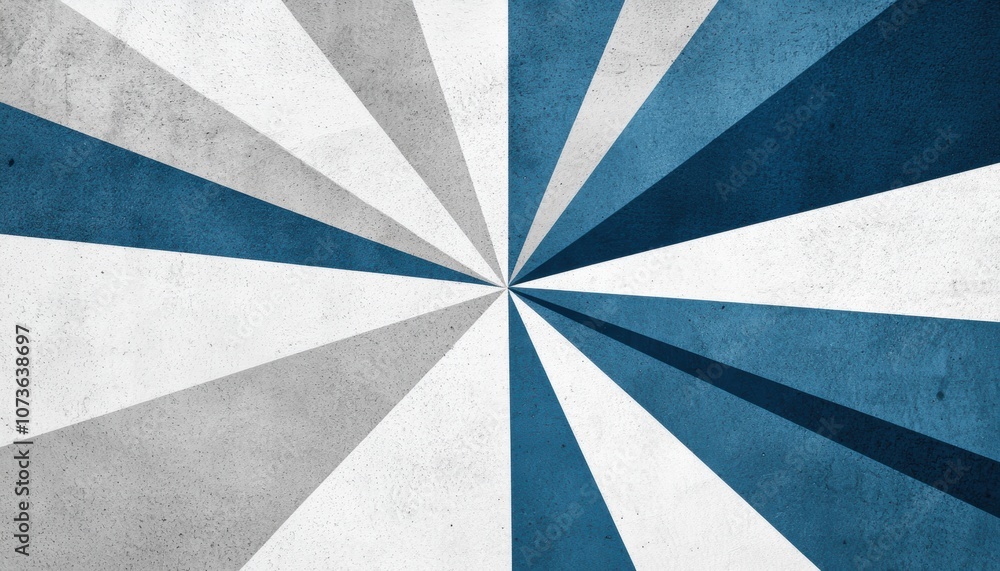 Poster a geometric design featuring alternating triangular sections in shades of blue and gray, converging 