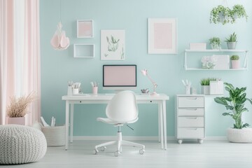 White Desk and Chair in a Light Blue Room with Green Plants and Pink Accents