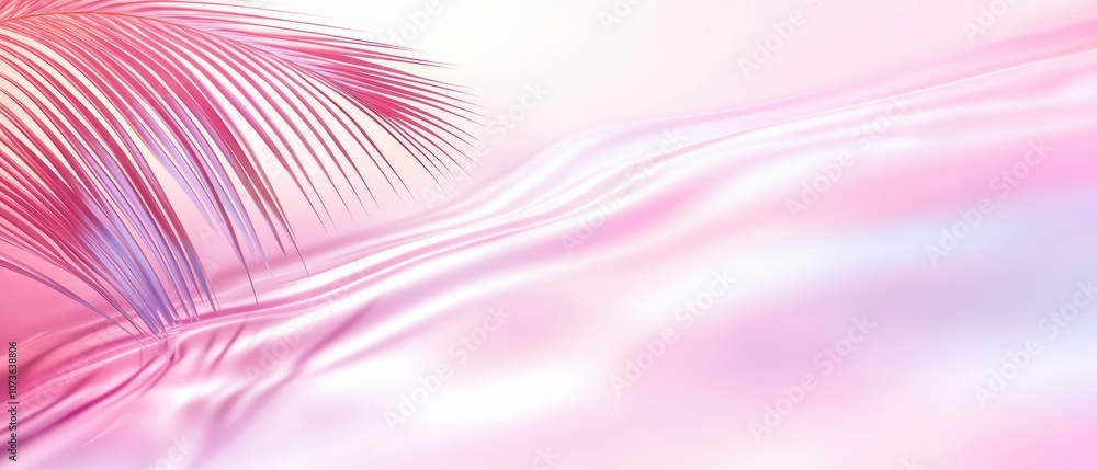 Poster a soft, abstract image featuring flowing pink waves and delicate palm fronds, creating a serene and 