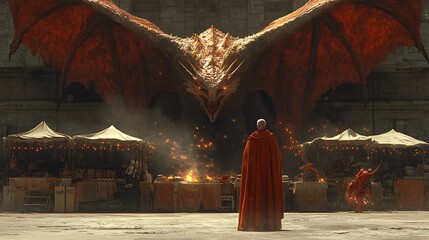 Fototapeta premium A red dragon looms over a medieval marketplace, with a cloaked figure standing in the foreground.