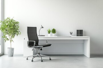 Minimalist Office Workspace with Black Leather Chair and Desk