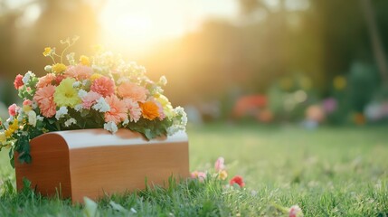 front view of candles and flowers on a nature evening background with copy space for text. Funeral concept. For banner, design, easter, shop, linkedin