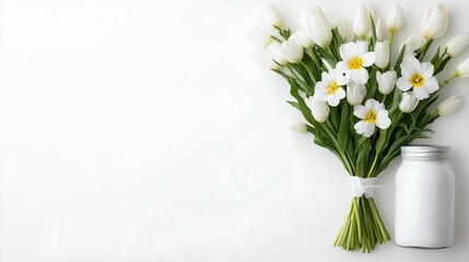 front view flowers on an isolated white background, with copy space for text. Funeral concept. For banner, design, easter, shop, linkedin