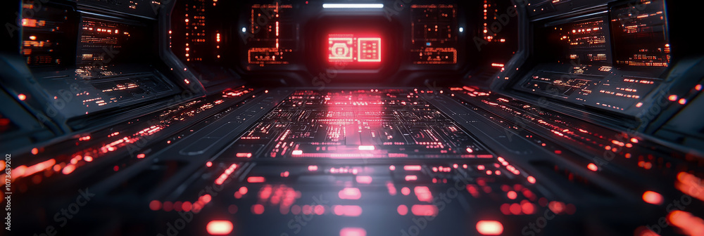 Poster a futuristic control room filled with glowing red circuits and screens, creating a high-tech atmosph