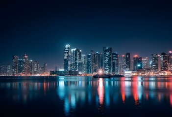 Fototapeta premium Beautiful night panorama of the illuminated skyscrapers, boats and yachts at the Business bay district in Dubai, United Arab Emirates