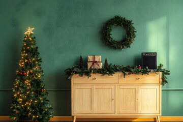 Dresser decorated for Christmas with garland, wreath and fir branches near green wall