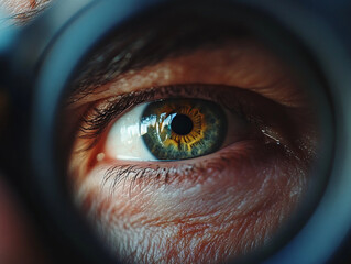 close up of a man's eye looking through a viewfinder. as seen through the reflection of the camera 