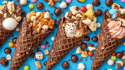 A colorful array of ice cream cones topped with various candy, candies and treats on a vibrant blue background.