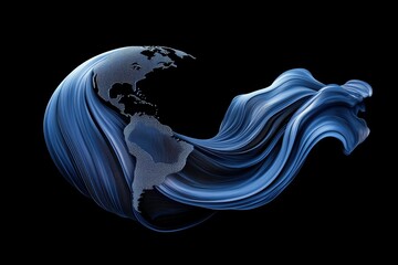 Naklejka premium A swirling wave of vibrant blue hues with sparkling droplets against a black background, evoking fluidity and motion.