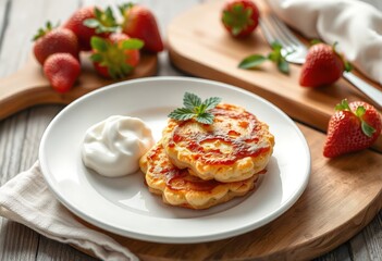 Delicious Pancakes with Sour Cream Strawberries and Mint on White Plate