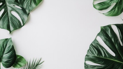Fototapeta premium A flat lay of tropical leaves on a light background, creating a fresh, natural aesthetic perfect for design and decor.